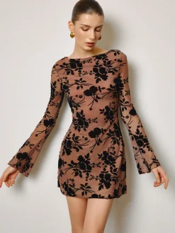 Semi-Sheer Flocking Floral Short Dress