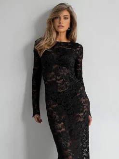 Semi-Sheer Lace Long Dress