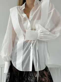 Semi-Sheer Pleated Polo Shirt