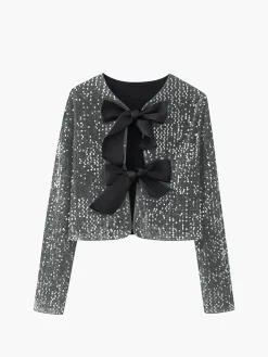 Sequined Velvet Bowknot Decor Blouse