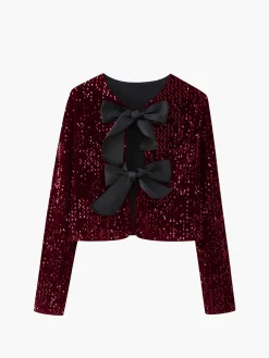 Sequined Velvet Bowknot Decor Blouse