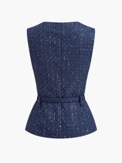 Sequins Button Belted Tweed Vest
