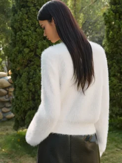 Sequins-Bow Fuzzy Split Sweater