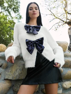 Sequins-Bow Fuzzy Split Sweater