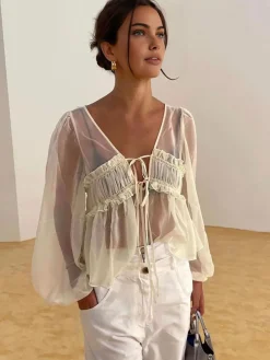Sheer Long Sleeve Drawstring Blouse