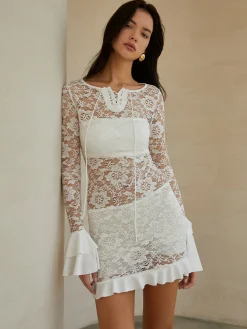 Sheer Long Sleeve Lace Short Dress
