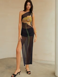 Sheer One Shoulder Split Midi Dress