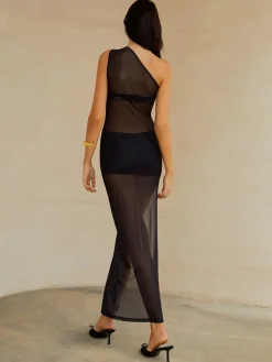 Sheer One Shoulder Split Midi Dress