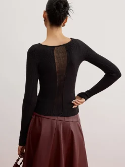 Sheer Panel Ribbed Slim Sweater
