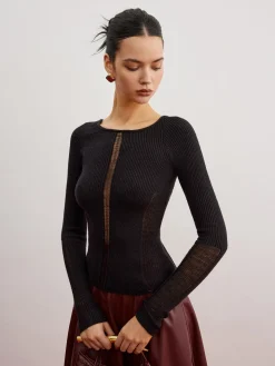 Sheer Panel Ribbed Slim Sweater