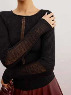 Sheer Panel Ribbed Slim Sweater