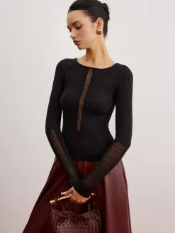 Sheer Panel Ribbed Slim Sweater