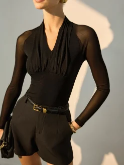 Sheer Sleeve Pleated Blouse