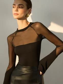 Sheer-Shoulder Jersey Skinny Blouse