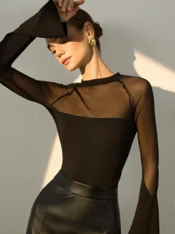 Sheer-Shoulder Jersey Skinny Blouse