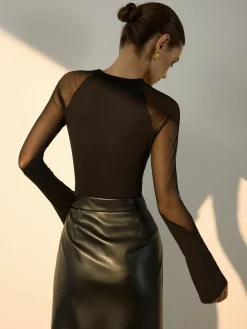 Sheer-Shoulder Jersey Skinny Blouse