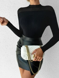 Sheer-Shoulder Slim Panel Knit Top