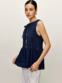 Shirred Lace Up Ruffle Tank Blouse