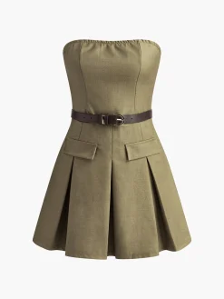 Shirred Pleated Tube Dress With Belt