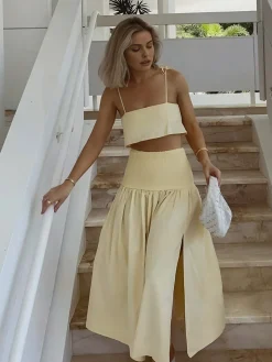 Shirred Waist Split Thigh Skirt Set