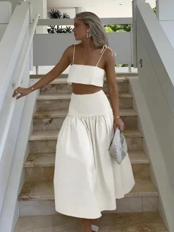 Shirred Waist Split Thigh Skirt Set
