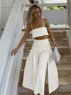 Shirred Waist Split Thigh Skirt Set