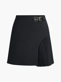 Side Pleated Buckle Belted Skirt