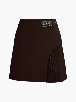 Side Pleated Buckle Belted Skirt