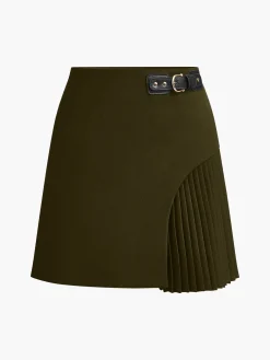 Side Pleated Buckle Belted Skirt