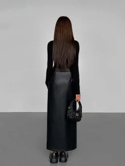 Side Split PU Leather Midi Skirt