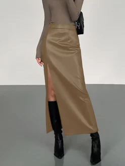 Side Split PU Leather Midi Skirt