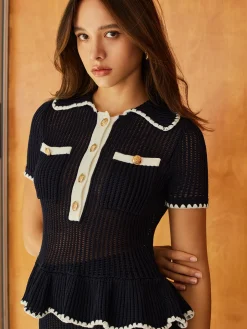 Sim-Sheer Ruffle Lapel Button Knit Top