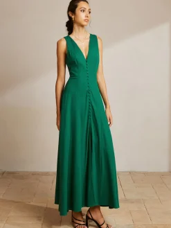 Sleeveless Button Front V-Neck Dress