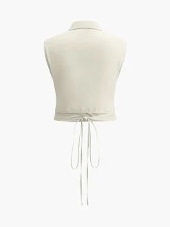 Sleeveless Button-Down Collar Tie Back Skirt Set