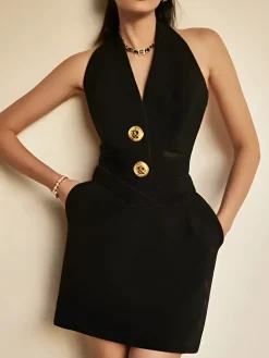 Sleeveless Halter V Neck Dress With Gold Buttons