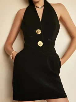 Sleeveless Halter V Neck Dress With Gold Buttons