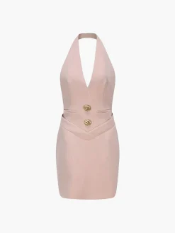 Sleeveless Halter V Neck Dress With Gold Buttons
