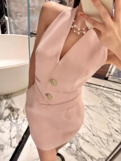 Sleeveless Halter V Neck Dress With Gold Buttons