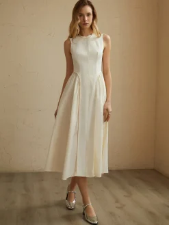 Sleeveless Pockets Pleated Midi Dress