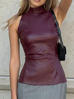 Sleeveless PU Leather Skinny Blouse