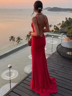 Slim Backless Cami Solid Dress