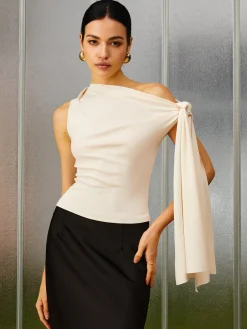Slim Fit Asymmetrical Cold Shoulder Knotted Tank Top