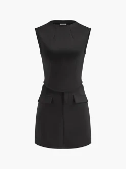 Slim Sleeveless Pockets Skirt Set