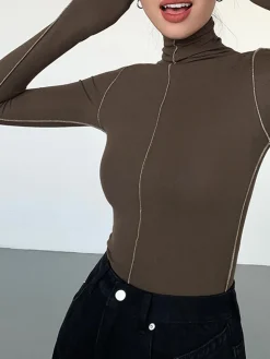 Slinky Turtleneck Contrast Trim Ribbed Knit Shirt