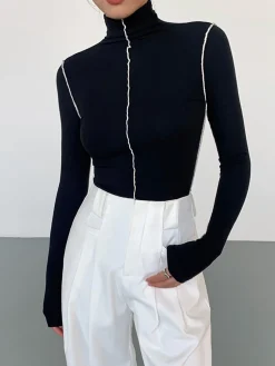 Slinky Turtleneck Contrast Trim Ribbed Knit Shirt