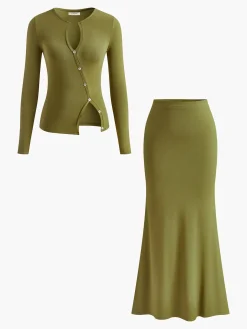 Slit Button Fishtail Skirt Set