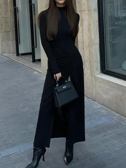 Slit Pleated Long Sleeve Bodycon Mock Neck Long Dress