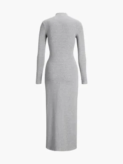 Slit Pleated Long Sleeve Bodycon Mock Neck Long Dress