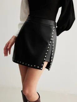 Slit Studded Faux Leather Mini Skirt