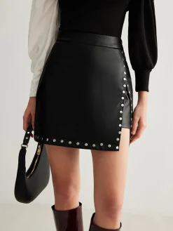 Slit Studded Faux Leather Mini Skirt